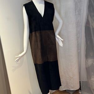 Suede Black Brown Sz 8-10 Sleeveless Sheath Low V Dress
